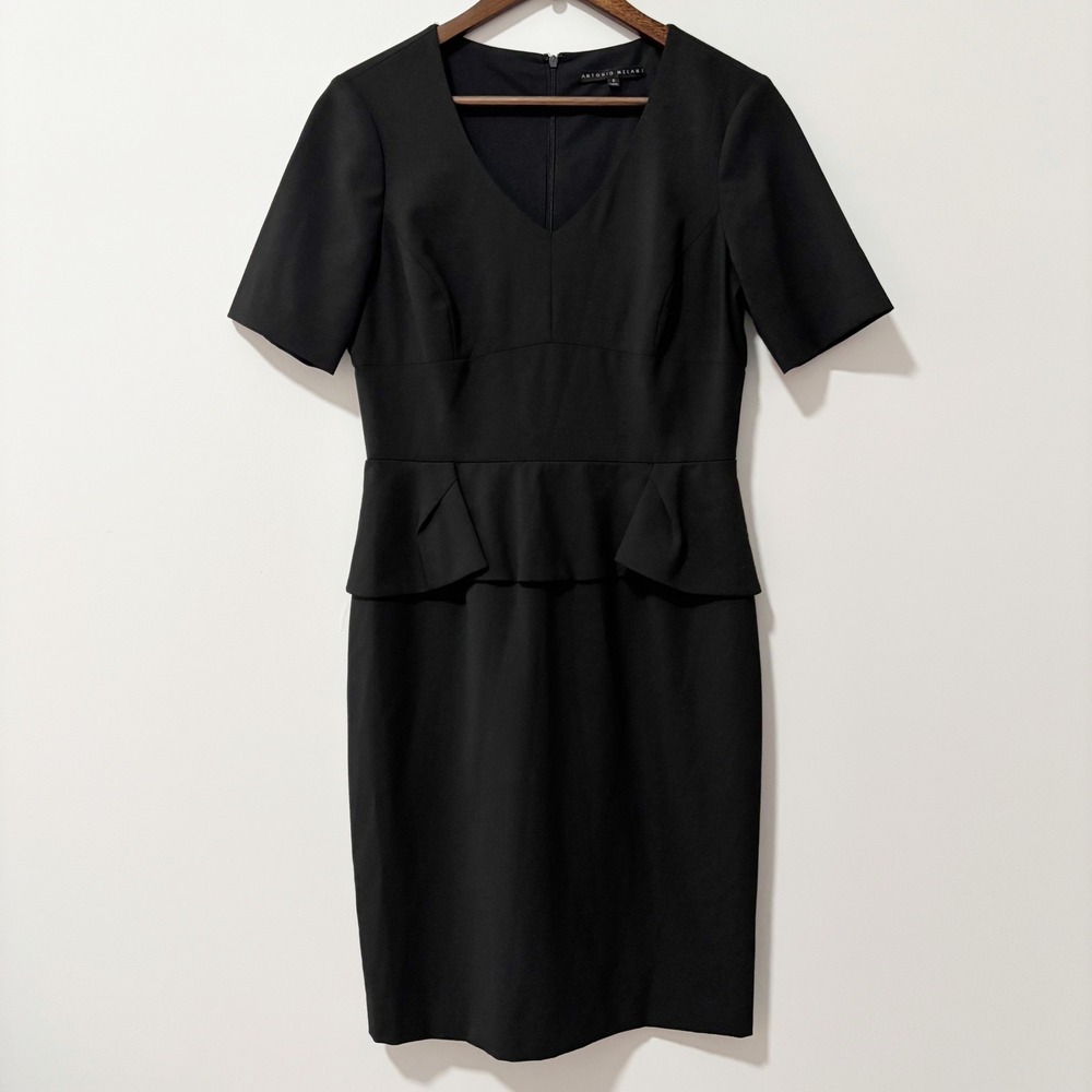 Antonio Melani Sheath Dress Women 6 Black Peplum V-Neck Short Sleeve Business
